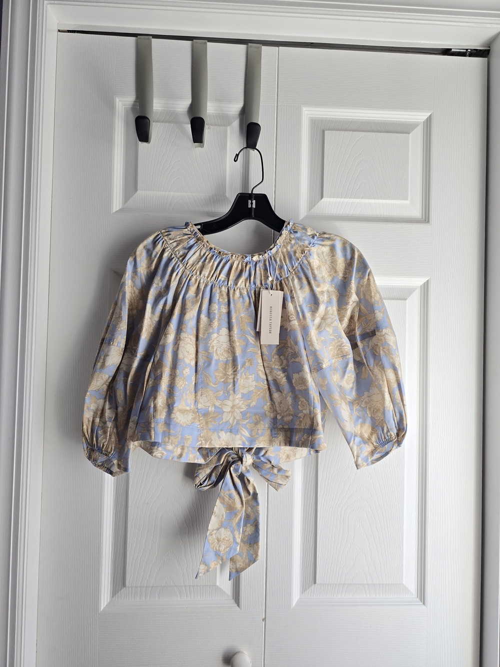 Rebecca Taylor Blue & Beige Floral Tie-Back Smocked-Neck Blouse Size 0